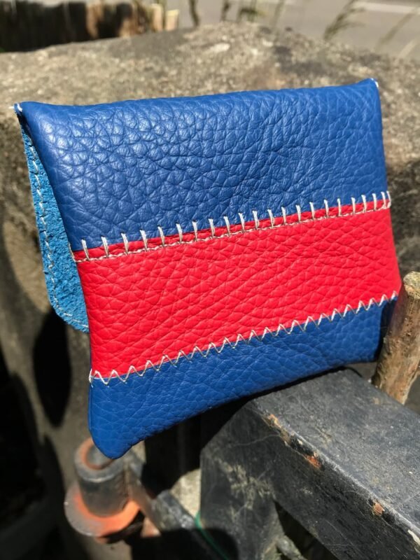 porte-carte bleu et rouge vu de dos