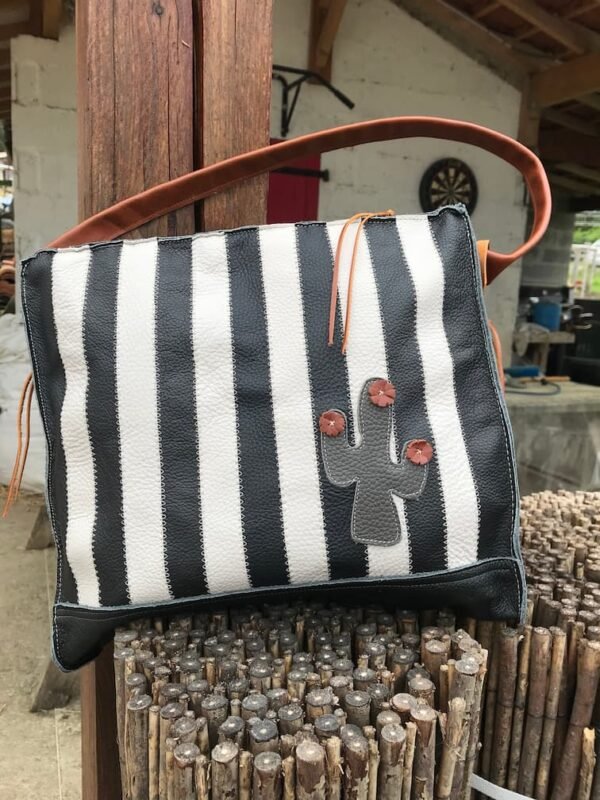 Sac en cuir CACTUS à rayure noir et blanche