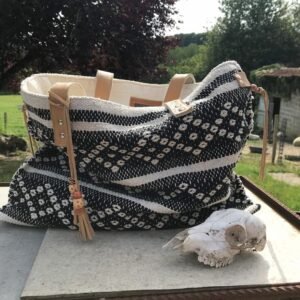 Grand sac en coton tressé noir et beige