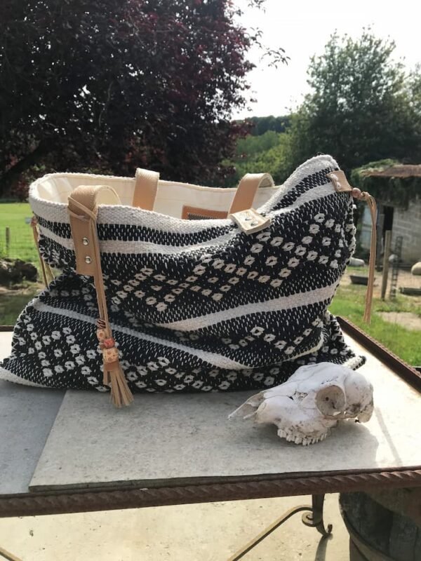 Grand sac en coton tressé noir et beige