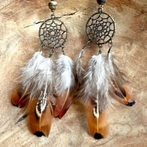 Boucles attrape rêves 3 plumes avec perles œil de tigre givré