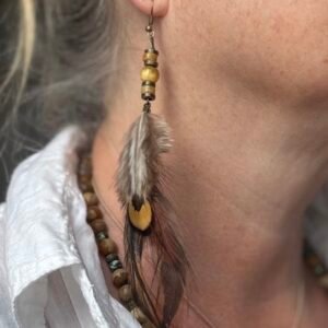 Boucles plumes et perles œil de tigre