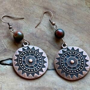 Boucles d'oreilles bouclier cuivré perle jaspe Picasso