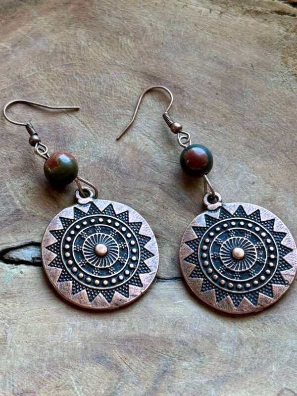Boucles d'oreilles bouclier cuivré perle jaspe Picasso